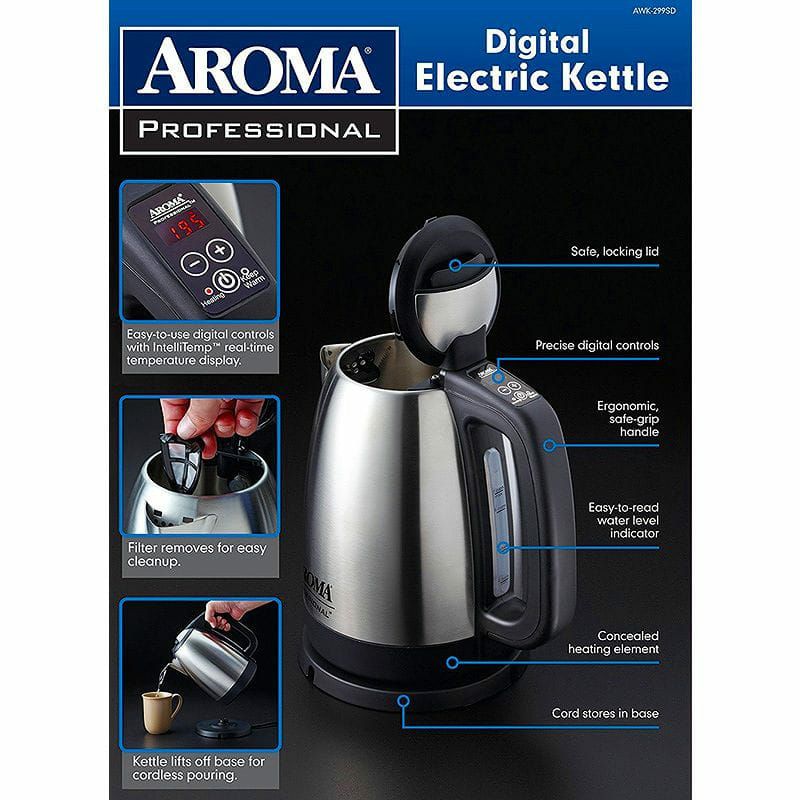 アロマ電気ケトルデジタル温度調節可能ステンレス1.7LAromaHousewaresAWK-299SDDigitalElectricKettle,1.7L,Silver