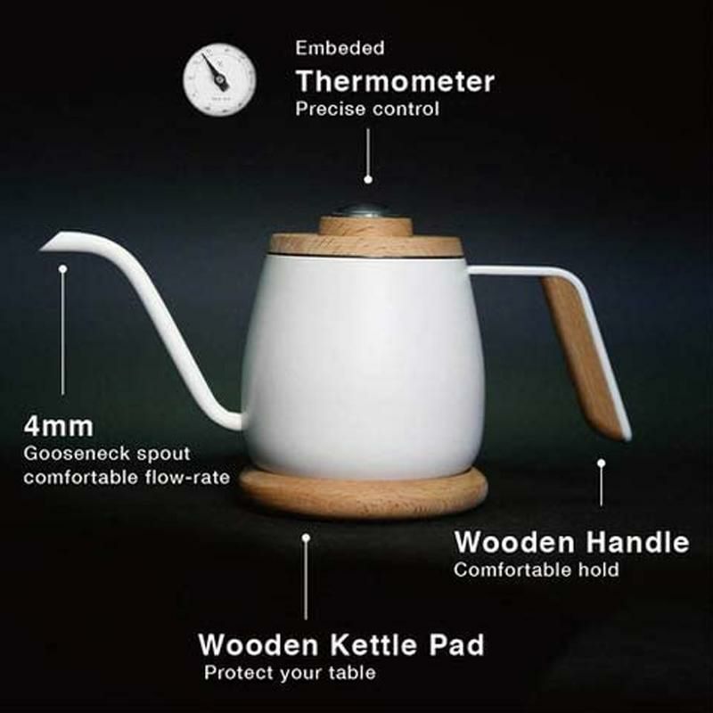 ケトルミニ350mlグースネック木製フタ温度計付ホワイトドリップかわいいシンプルSimpleReal-PourOverCoffeeKettlewithThermometer,GooseneckSingleServeMiniKettle,StainlessSteelbodywithwoodenlid,12oz