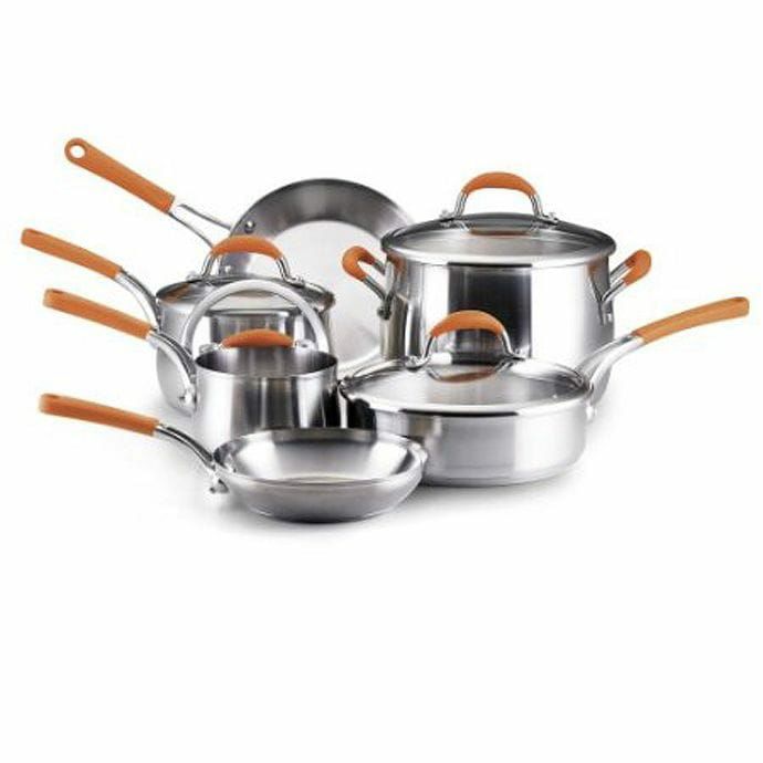 レイチェルレイ ステンレススチール 10ピース調理器具セット(鍋 フライパン) オレンジ Rachael Ray Stainless Steel 10-Piece  Cookware Set Orange | アルファエスパス