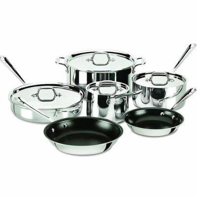 オールクラッド Tri-Ply ステンレス フライパン 鍋 10点セット PFOAフリー All-Clad 401488 NSR2-R Stainless Steel Tri-Ply Bonded PFOA Free Nonstick Cookware Set, 10-Piece, Silver