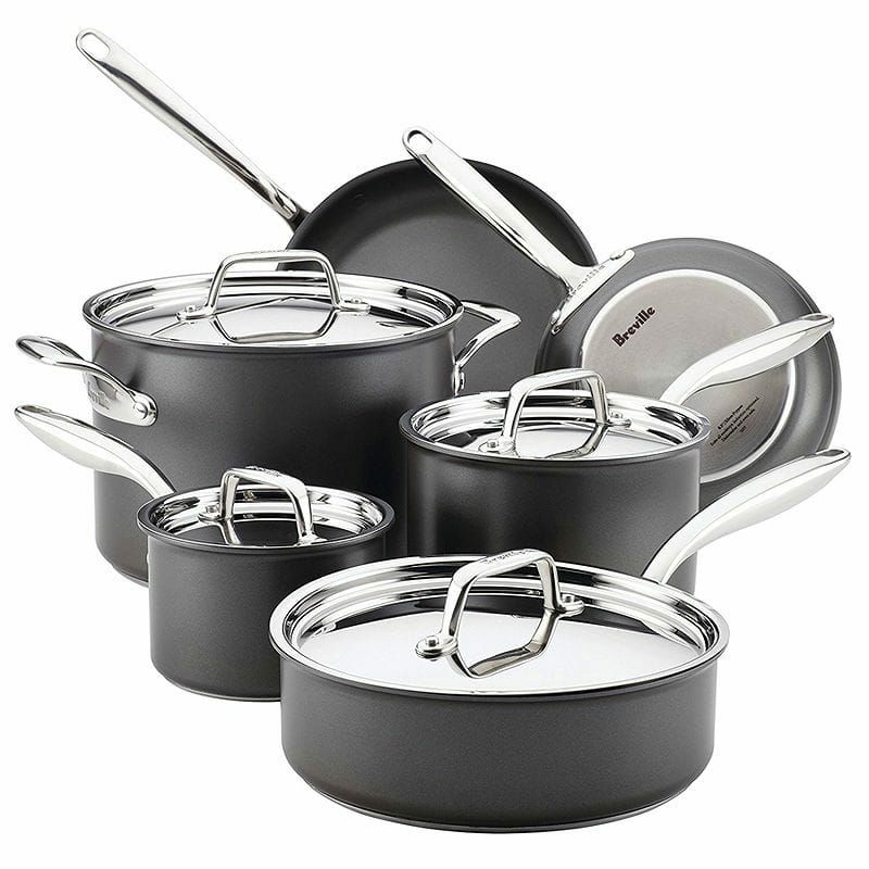 ブレビルノンスティックフライパン鍋10点セットBreville10PieceThermalProHard-AnodizedNonstickCookwareSet,Large,Gray