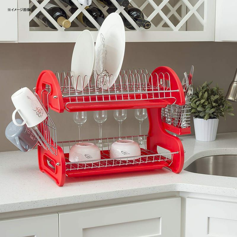 食器水切り2段赤レッドHomeBasicsDishPlasticDrainer,2-Tier