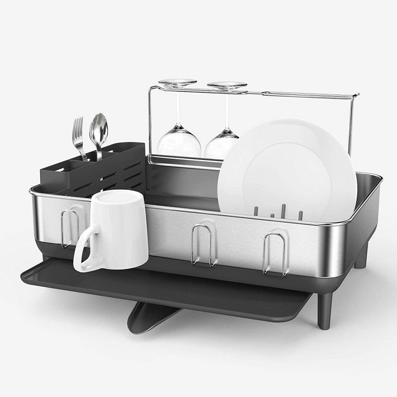 食器水切りディッシュラックフルサイズ指紋防止ステンレスワイングラスホルダーコップキッチンシンプルヒューマンsimplehumanKitchenSteelFrameDishRackWithSwivelSpout,Fingerprint-ProofStainlessSteelFrame