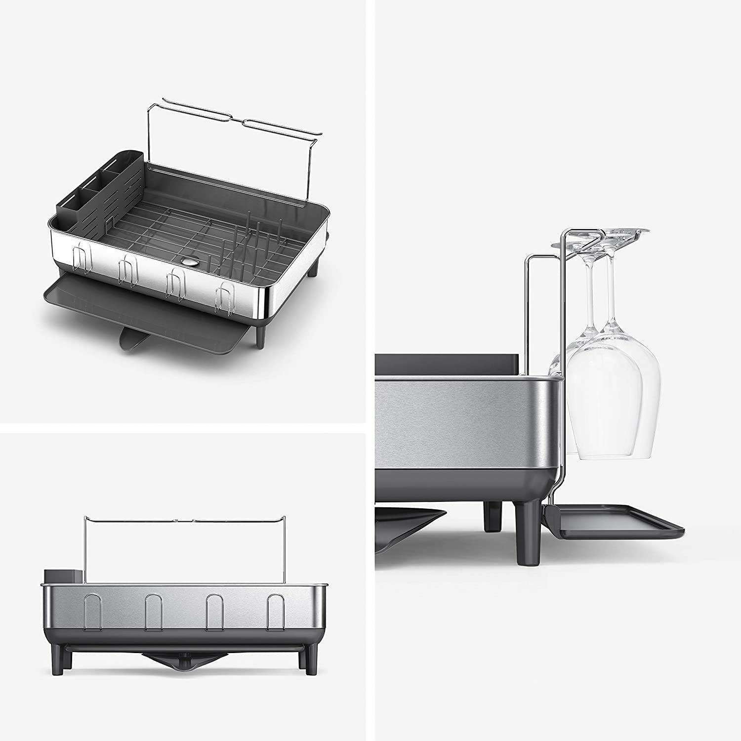 食器水切りディッシュラックフルサイズ指紋防止ステンレスワイングラスホルダーコップキッチンシンプルヒューマンsimplehumanKitchenSteelFrameDishRackWithSwivelSpout,Fingerprint-ProofStainlessSteelFrame