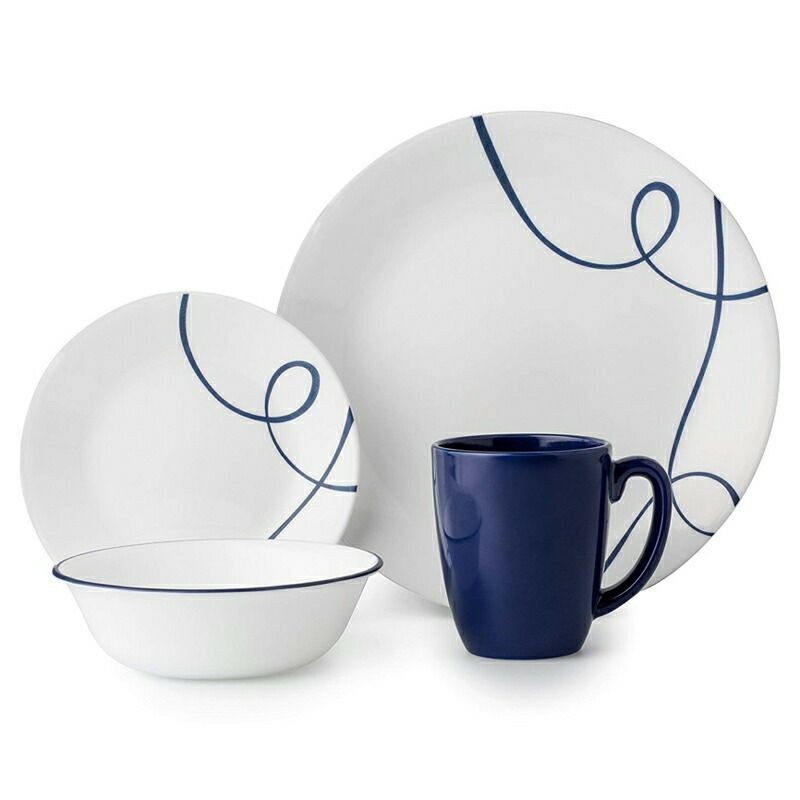 コレール食器セット4人用16点リアブルー青ラインリビングウェアーディナーウェアーCorelle16PieceLightweightandChipResistantLivingwareDinnerwareSet,LiaBlue