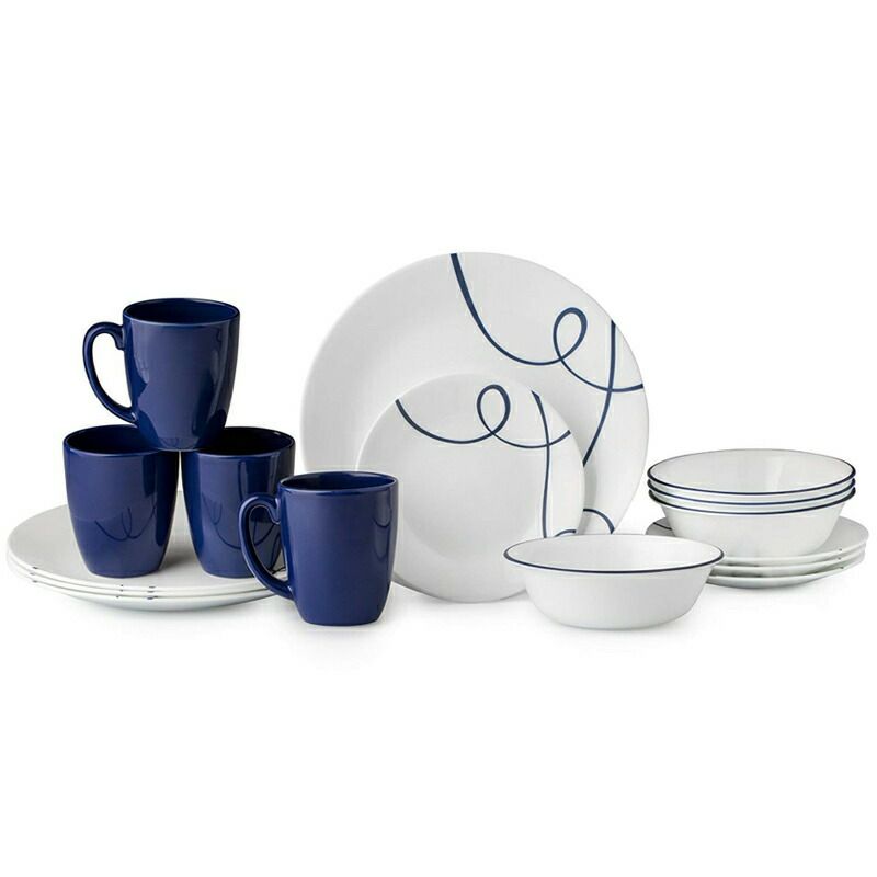 コレール食器セット4人用16点リアブルー青ラインリビングウェアーディナーウェアーCorelle16PieceLightweightandChipResistantLivingwareDinnerwareSet,LiaBlue