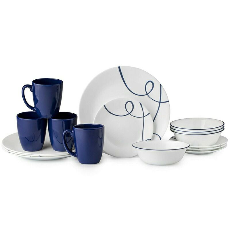 コレール食器セット4人用16点リアブルー青ラインリビングウェアーディナーウェアーCorelle16PieceLightweightandChipResistantLivingwareDinnerwareSet,LiaBlue