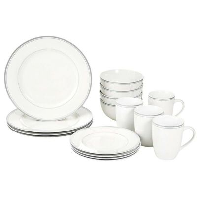 食器セット4人用16点アマゾンベーシックグレーラインAmazonBasics16-PieceCafeStripeDinnerwareSet,Servicefor4-Grey