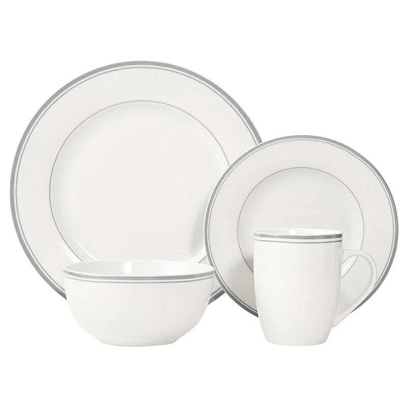 食器セット4人用16点アマゾンベーシックグレーラインAmazonBasics16-PieceCafeStripeDinnerwareSet,Servicefor4-Grey