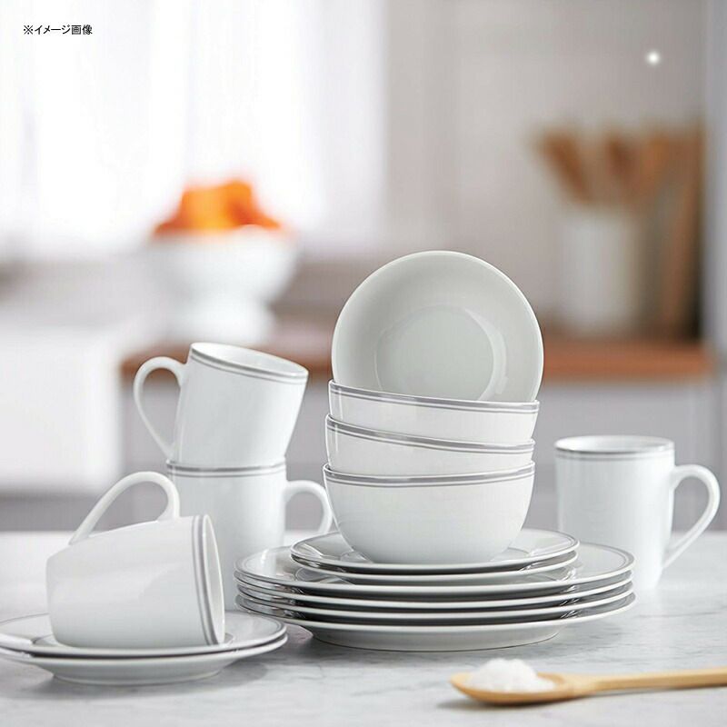 食器セット4人用16点アマゾンベーシックグレーラインAmazonBasics16-PieceCafeStripeDinnerwareSet,Servicefor4-Grey