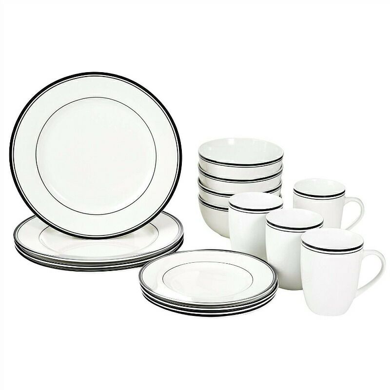 食器セット4人用16点グレーライン16-PieceCafeStripeDinnerwareSet,Servicefor4-Grey