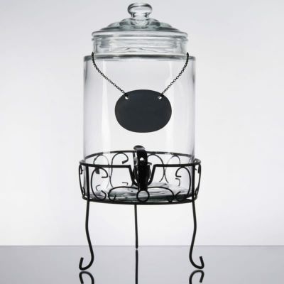 Acopa 2.5 Gallon Barrel Glass Beverage Dispenser with Chalkboard Sign and  Black Stand