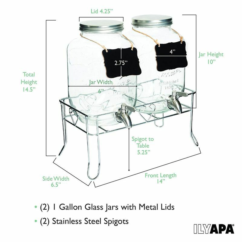 ドリンクサーバーダブルメイソンジャーガラスビバレッジディスペンサー3.8L×2ステンレス蛇口メタルスタンドチョークボードOutdoorGlassBeverageDispenser2PackwithSturdyMetalBase-DoubleDrinkDispensersforLemonade,Tea,ColdWater&More