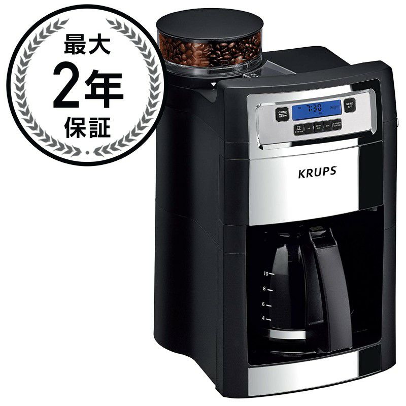 コーヒーメーカー豆挽き付10カップガラスカラフェタイマー機能クラップスKRUPSGrindandBrewAuto-startCoffeeMakerwithBuiltinBurrCoffeeGrinder,10Cups,Black家電