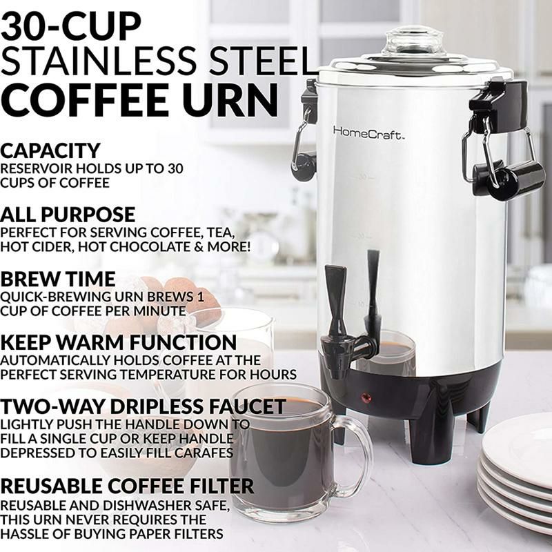 大きいコーヒーメーカーコーヒーサーバー30カップパーティホテルHomeCraftCU30SSQuick-Brewing1000-WattAutomaticCoffeeUrn,30-Cup,StainlessSteel家電