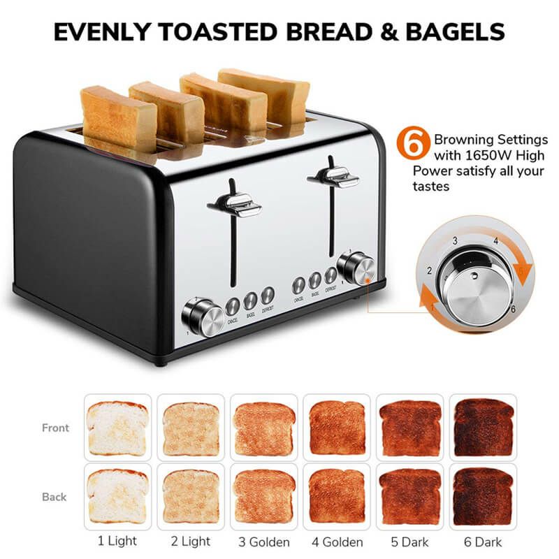 ポップアップトースター4枚焼ステンレスToaster4Slice,CUSIBOXStainlessSteelToasterwithBAGEL/DEFROST/CANCELFunction,ExtraWideSlotsFourSliceBreadBagelToaster,1650W,Black家電