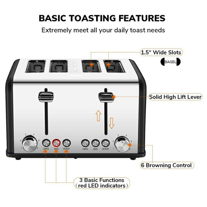 ポップアップトースター4枚焼ステンレスToaster4Slice,CUSIBOXStainlessSteelToasterwithBAGEL/DEFROST/CANCELFunction,ExtraWideSlotsFourSliceBreadBagelToaster,1650W,Black家電