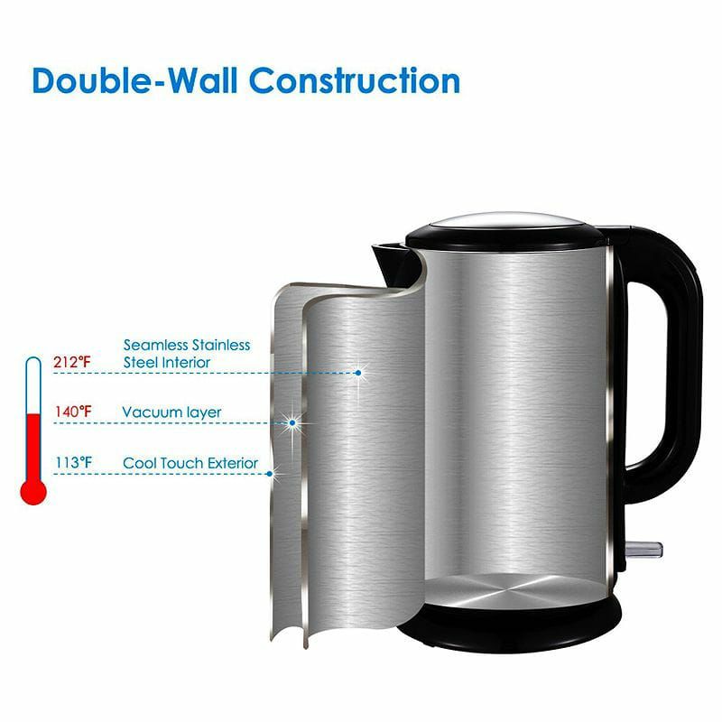 表面が熱くならない電気ケトル1.7LステンレスAicokStainlessSteelDoubleWallCoolTouchCordlessTeaKettle,1.7-Liter,Black