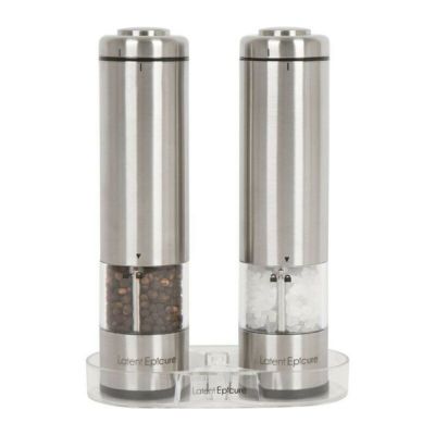 電池式電動ソルト＆ペッパーセットライト付きステンレスレストランカフェLatentEpicureBatteryOperatedSaltandPepperGrinderSet(Packof2Mills)-ComplimentaryMillRest|LEDLight|AdjustableCoarseness