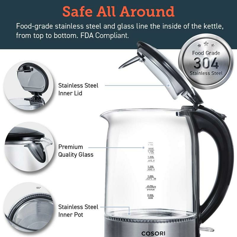 ガラス電気ケトル1.7LBPAフリーLEDライトCOSORIElectricKettle(BPA-Free),1.7LGlassWaterBoiler&TeaHeaterwithLEDIndicatorLight,AutoShut-Off&Boil-DryProtection,100%StainlessSteelInnerLid&Bottom家電