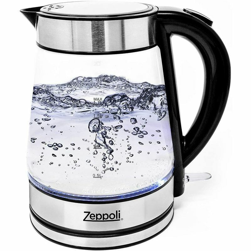 コードレス電気ガラスケトル1.7LZeppoliElectricKettle(BPAFree)-FastBoilingGlassTeaKettle(1.7L)Cordless,StainlessSteelFinishHotWaterKettle