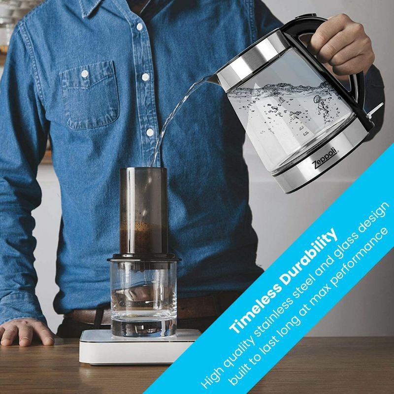 コードレス電気ガラスケトル1.7LZeppoliElectricKettle(BPAFree)-FastBoilingGlassTeaKettle(1.7L)Cordless,StainlessSteelFinishHotWaterKettle