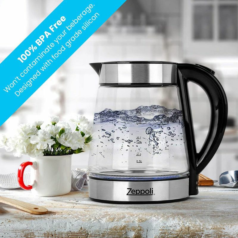 コードレス電気ガラスケトル1.7LZeppoliElectricKettle(BPAFree)-FastBoilingGlassTeaKettle(1.7L)Cordless,StainlessSteelFinishHotWaterKettle