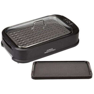 スモークレス電気グリル 煙が少ない ガラスふた プレート取り外し インドア 屋内BBQ Power Smokeless Grill with Tempered Glass Lid with Interchangeable Griddle Plate and Turbo Speed Smoke Extractor Technolo