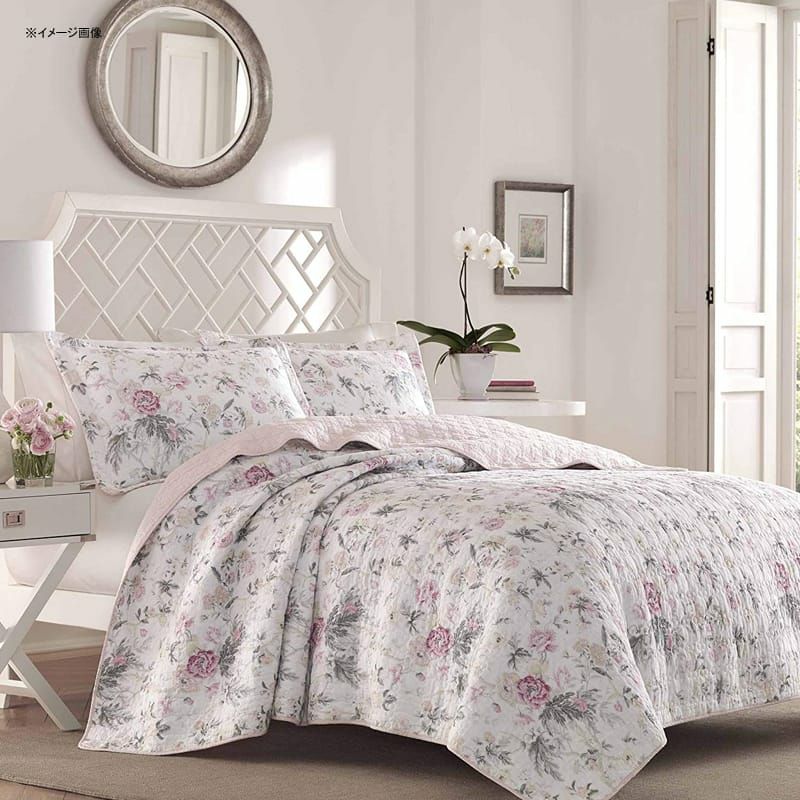 ローラアシュレイコットンリバーシブルキルト枕カバーセットフローラルピンク花柄LauraAshleyBreezyFloralPinkQuiltSet