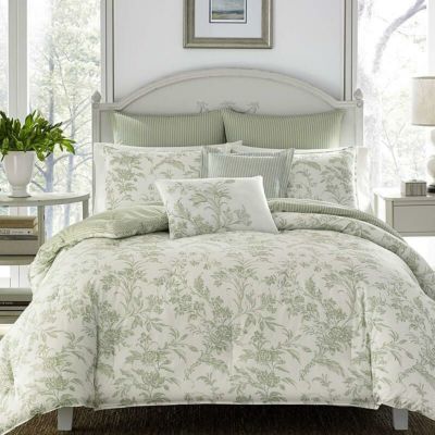 ローラアシュレイ掛け布団枕3種×2セットコットンリバーシブル花柄グリーンセージストライプLauraAshleyNatalieBonusComforterSet,Full/Queen,SageGreen