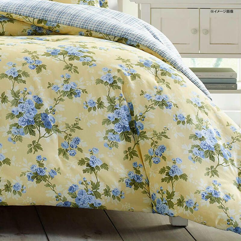 ローラアシュレイ掛け布団枕3種×2セットコットンリバーシブル花柄バライエローチェックブルーフリルLauraAshleyCassidyComforterSetPastelYellow