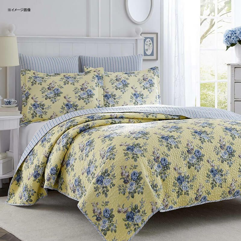 ローラアシュレイキルト枕2個セットリバーシブルコットン花柄バラストライプイエローブルーLauraAshleyLinleyQuiltSet