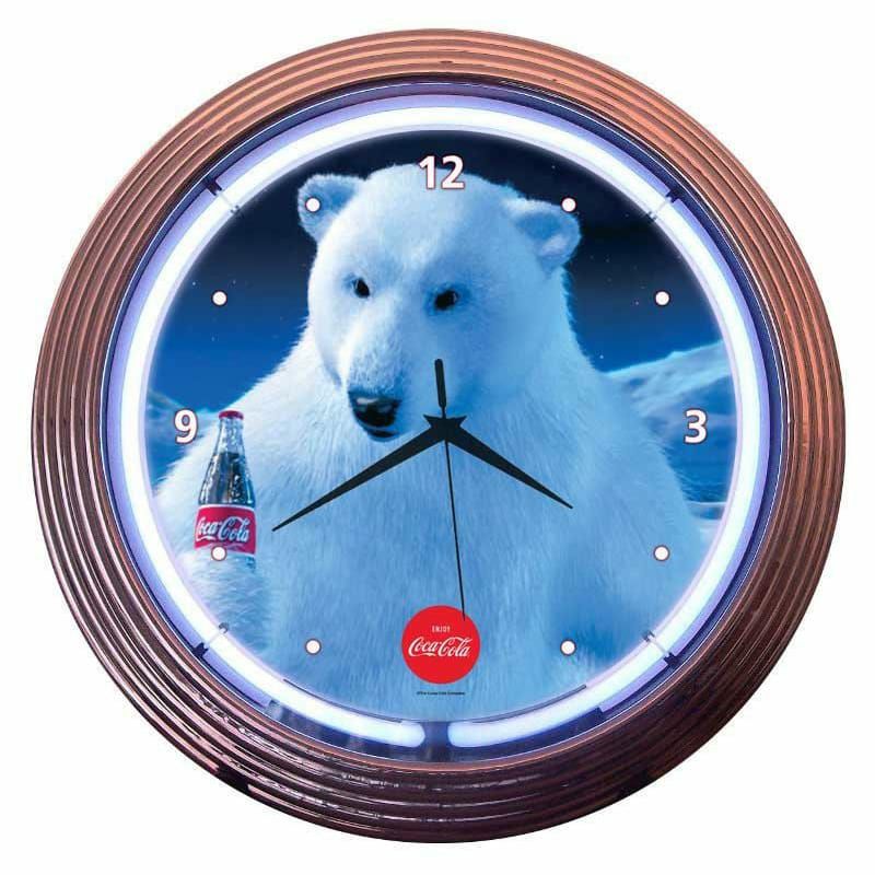 コカコーラポーラベアネオンウォールクロック直径38cm掛け時計シロクマレトロNeoneticsDrinks15"CocaColaPolarBearWallClockNEO1492