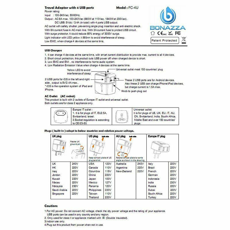 海外旅行用変圧器変換プラグ1840WBONAZZAUniversalWorldTravelAdapterKitw/4USBPorts-UK,US,AU,EuropePlugAdapter-Over150Countries&USBPowerAdapterforiPhone,Android,AllUSBDevices-SurgeProtection