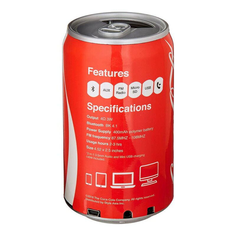 コカコーラ缶型充電式ポータブルBluetoothスピーカーラジオ付きCoca-ColaCanBluetoothSpeaker,withFMRadio,MicroSDCard,USB,AuxCapabilities,400mAhPolymerBattery,USBChargingCableandAudioCordIncluded