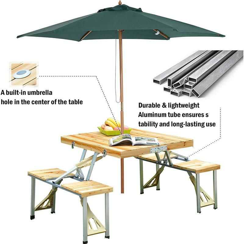 木製折りたたみピクニックテーブルセット4人用傘穴付スーツケース型持ち運びポータブルコンパクトアウトドアキャンプビーチフェスOutsunny4PersonWoodenPortableCompactFoldingSuitcasePicnicTableSetWithUmbrellaHole