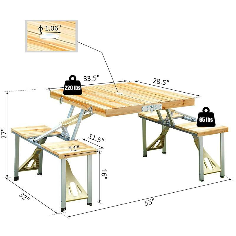 木製 折りたたみ ピクニックテーブルセット 4人用 傘穴付 スーツケース