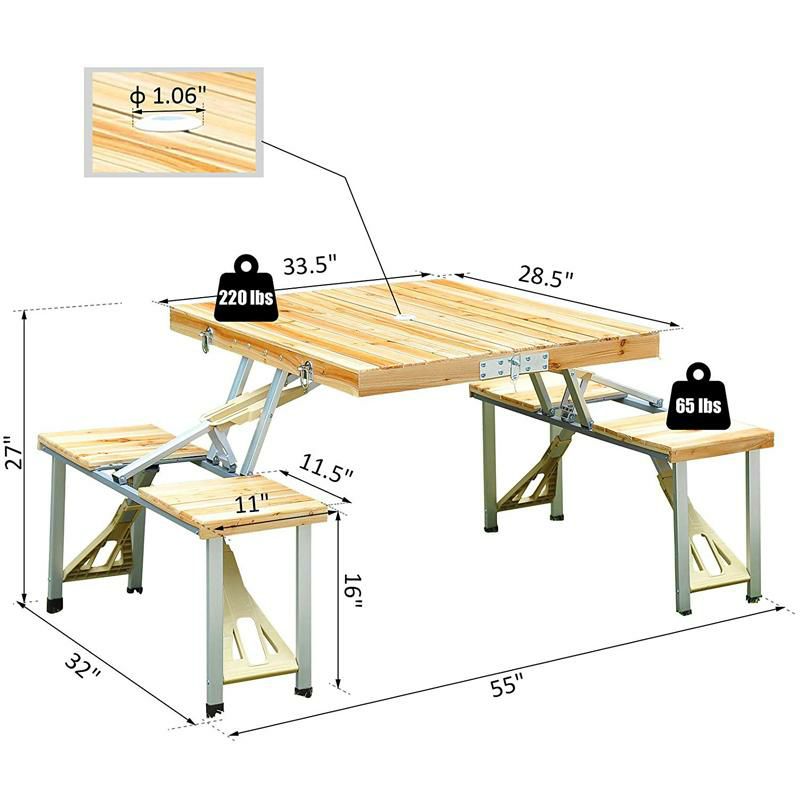 木製折りたたみピクニックテーブルセット4人用傘穴付スーツケース型持ち運びポータブルコンパクトアウトドアキャンプビーチフェスOutsunny4PersonWoodenPortableCompactFoldingSuitcasePicnicTableSetWithUmbrellaHole