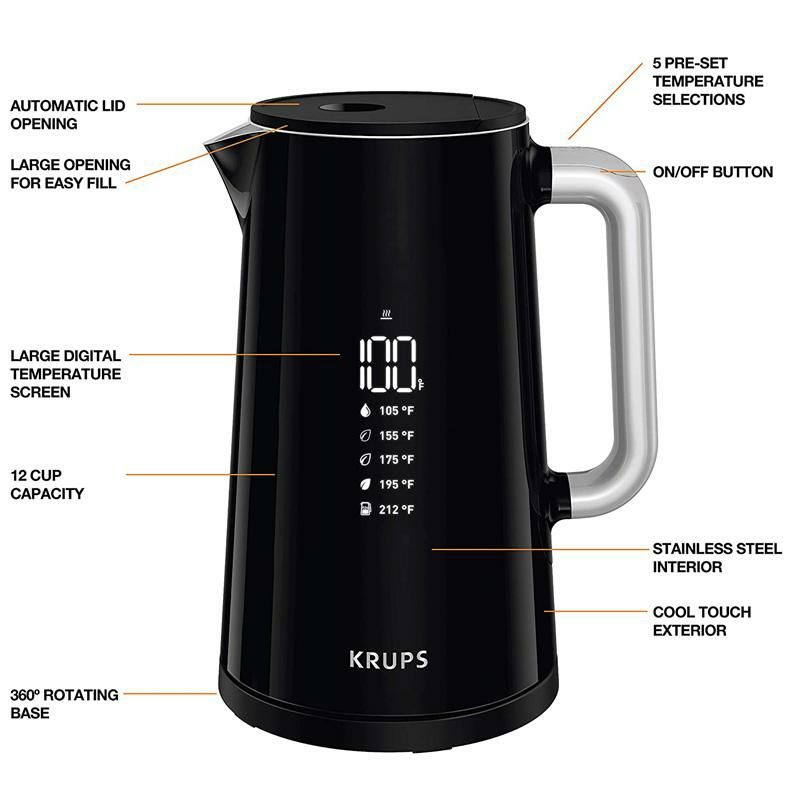 電気ケトル1.7L温度調節ステンレスブラック黒クラップスKRUPSBW801852SmartTempDigitalKettleFullStainlessInteriorandSafetyOff,1.7-Liter,Black家電