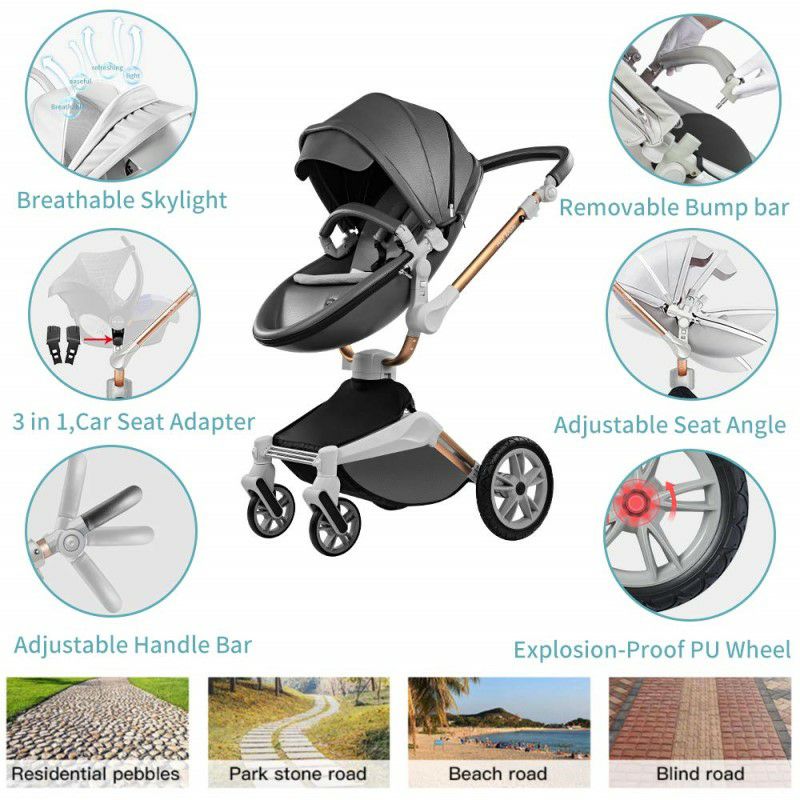 ベビーカー両対面式バシネット防水PUレザー新生児ホットマムBabyStroller360RotationFunction,HotMomBabyCarriagePuLeatherwithCarrycotPushchairPram2020,DarkGrey