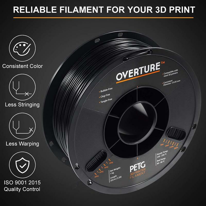 3Dプリンター用フィラメント直径1.75mm長さ322mOVERTUREPETGFilament1.75mmwith3DBuildSurface200x200mm3DPrinterConsumables,1kgSpool(2.2lbs),DimensionalAccuracy+/-0.05mm,FitMostFDMPrinter,Black