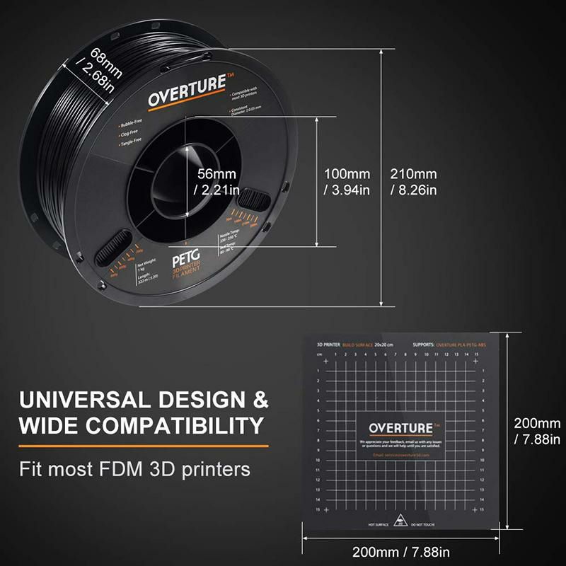 3Dプリンター用フィラメント直径1.75mm長さ322mOVERTUREPETGFilament1.75mmwith3DBuildSurface200x200mm3DPrinterConsumables,1kgSpool(2.2lbs),DimensionalAccuracy+/-0.05mm,FitMostFDMPrinter,Black