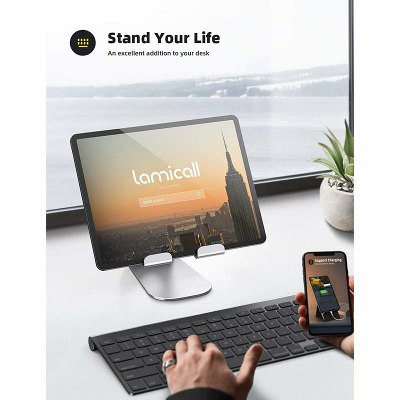 タブレットスタンド調整可能TabletStandAdjustable,LamicallTabletStand:DesktopStandHolderDockCompatiblewithTabletSuchasiPadPro9.7,10.5,12.9AirMini432,Kindle,Nexus,Tab,E-Reader(4-13'')-Silver