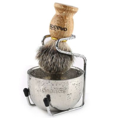 シェービングセット ブラシ ホルダー ボウル ステンレス 髭剃り Shaving Set, 3in1 Pure Badger Hair Shaving Brush Natural Solid Wood Handle and Stainless Steel Shaving Stand with Shaving Bowl Dia 3.2 inche