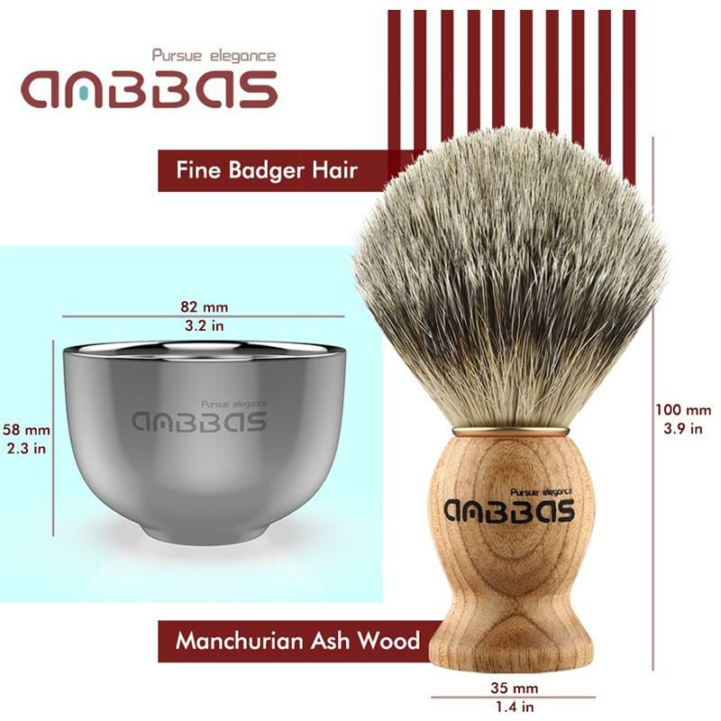 シェービングセットブラシホルダーボウルステンレス髭剃りShavingSet,3in1PureBadgerHairShavingBrushNaturalSolidWoodHandleandStainlessSteelShavingStandwithShavingBowlDia3.2inchesforMenWetShavingbyAnbbas