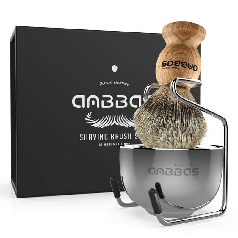 シェービングセットブラシホルダーボウルステンレス髭剃りShavingSet,3in1PureBadgerHairShavingBrushNaturalSolidWoodHandleandStainlessSteelShavingStandwithShavingBowlDia3.2inchesforMenWetShavingbyAnbbas