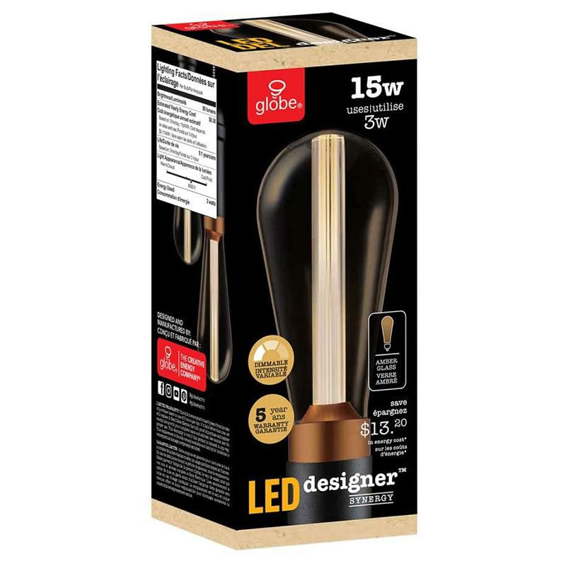 デザイン電球LEDクリア80ルーメン3WE26ST64GlobeElectric31090SynergyLEDBulb,Clear