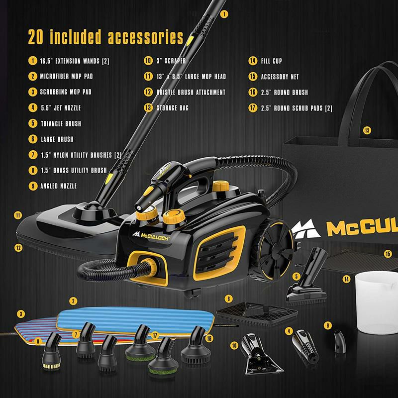 スチームクリーナーアクセサリー20種ロングコードMcCullochMC1375CanisterSteamCleanerwith20Accessories,Extra-LongPowerCord,Chemical-FreeCleaningforMostFloors,Counters,Appliances,Windows,Autos,andMore,1-(Pack),Black家電