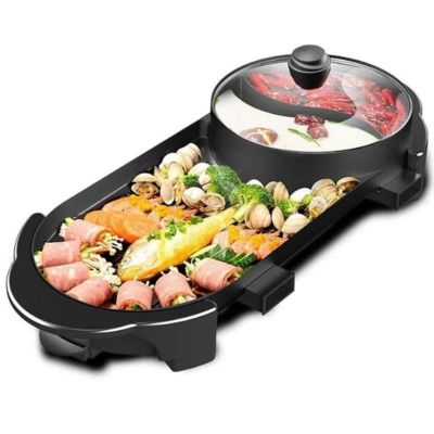 ホットプレート付 電気仕切り鍋 すき焼き 焼肉 SEAAN Electric Grill Indoor Hot Pot Multifunctional, Indoor Teppanyaki Grill/Shabu Shabu Pot with Divider - Separate Dual Temperature Contral, Capacity for 
