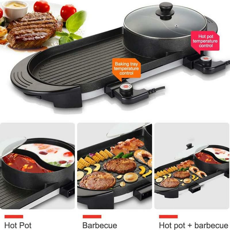 ホットプレート付電気仕切り鍋SEAANElectricGrillIndoorHotPotMultifunctional,IndoorTeppanyakiGrill/ShabuShabuPotwithDivider-SeparateDualTemperatureContral,Capacityfor2-12People,110V家電